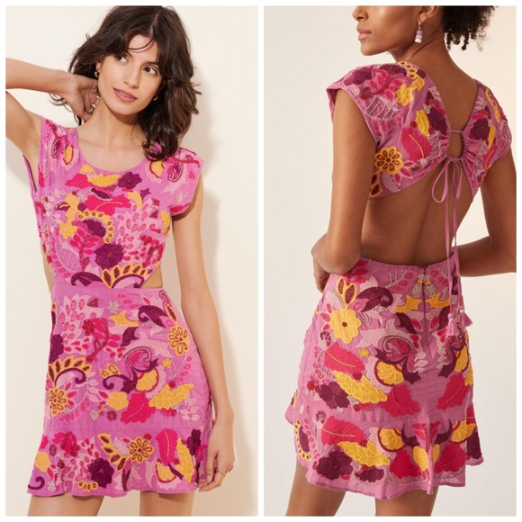 Anthropologie Maeve Embroidered‎ Beaded Floral Purple Mini Dress Cut Out Sz 2 - Picture 2 of 16